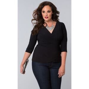 Kiyonna Top 2X Femme Fatale Faux Wrap Black Ruched Slimming Versatile V Neckline